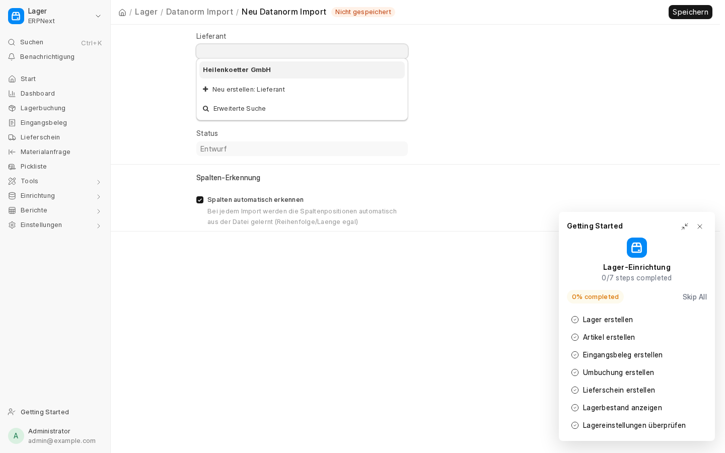 Das Datanorm-Import-Formular